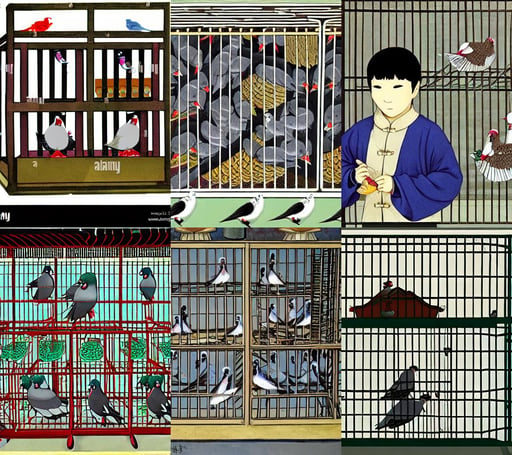 Chinese boy selling pigeons in cages in Shenyang China, art by Piero Della Francesca, by Studio Trigger for Nichijou