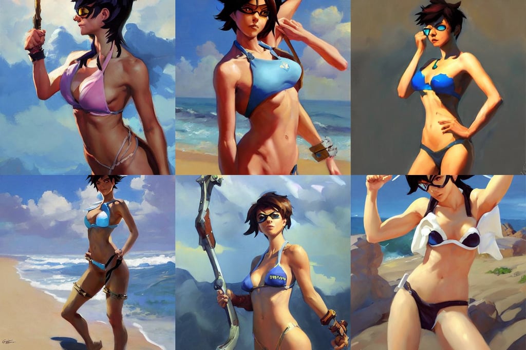 greg manchess portrait painting of overwatch's tracer in a bikini, sword of omens, Ranking number 1 on pixiv”, soft colors, monster teeth, greg rutkowski ”