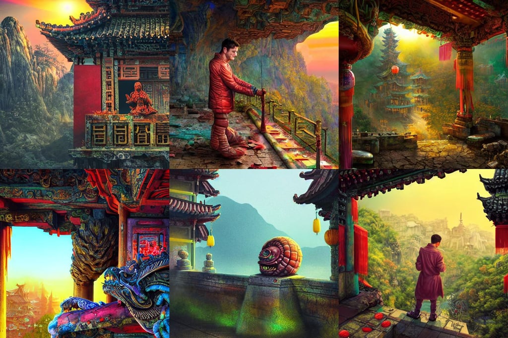 vladimir zelensky as cabbage, cybernetic eye, in ruin chinese temple balcony sunset, Vibrant Colors, sitting on a rock in a cave | | cute - fine - fine details by stanley artgerm lau, alien city, matte drawing. masterpiece, vibrant autumn colors, with  stunning 3d render + dim volumetric lighting