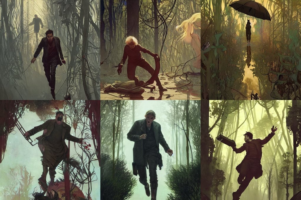 a man being chased through a dystopian by a huge ant the size of a car, extra ketchup, award winning dark lighting, Alfons Mucha and Greg Rutkowski, lush trees, andy warhol