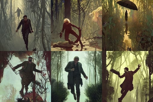 a man being chased through a dystopian by a huge ant the size of a car, extra ketchup, award winning dark lighting, Alfons Mucha and Greg Rutkowski, lush trees, andy warhol