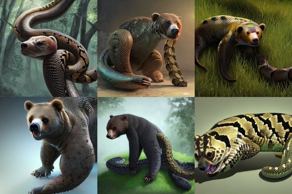 painting of hybrid between baby bear & snake!!!!!!!!, reptile eyes, cryengine render