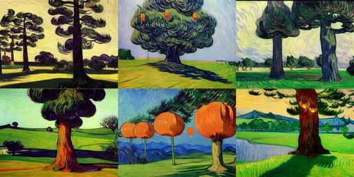 Epic tree full of chinese lanterns, art by Edward Hopper, art by Vincent Van Gogh, art by Michelangelo Buonarroti, art by Edward Hopper, peaceful and softly landscape who has Namek’s villages with a female character flying trough the sky