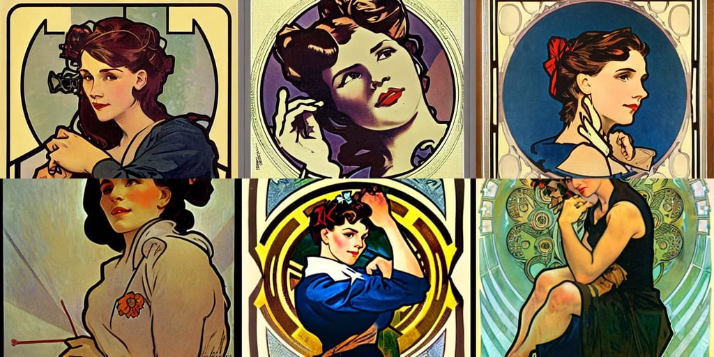 a portrait of Rosie the riveter by Alphonse Mucha, 1 9 year old