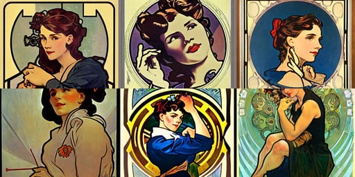 a portrait of Rosie the riveter by Alphonse Mucha, 1 9 year old