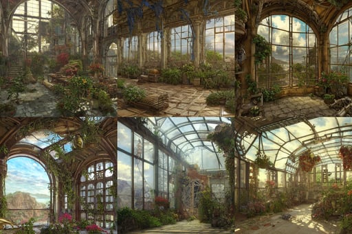 Ruined interior of steampunk building covered with plants, art by Marcel Duchamp, Unreal Engine, by WLOP, art by Gustave Courbet, art by Jan Van Eyck, octane render Madhouse INC, and intricate clouds on the Aegean shore. Drawn in the style of Alphonse Mucha, quality render style of Masamune Shirow and Tsuaii, granblue fantasy