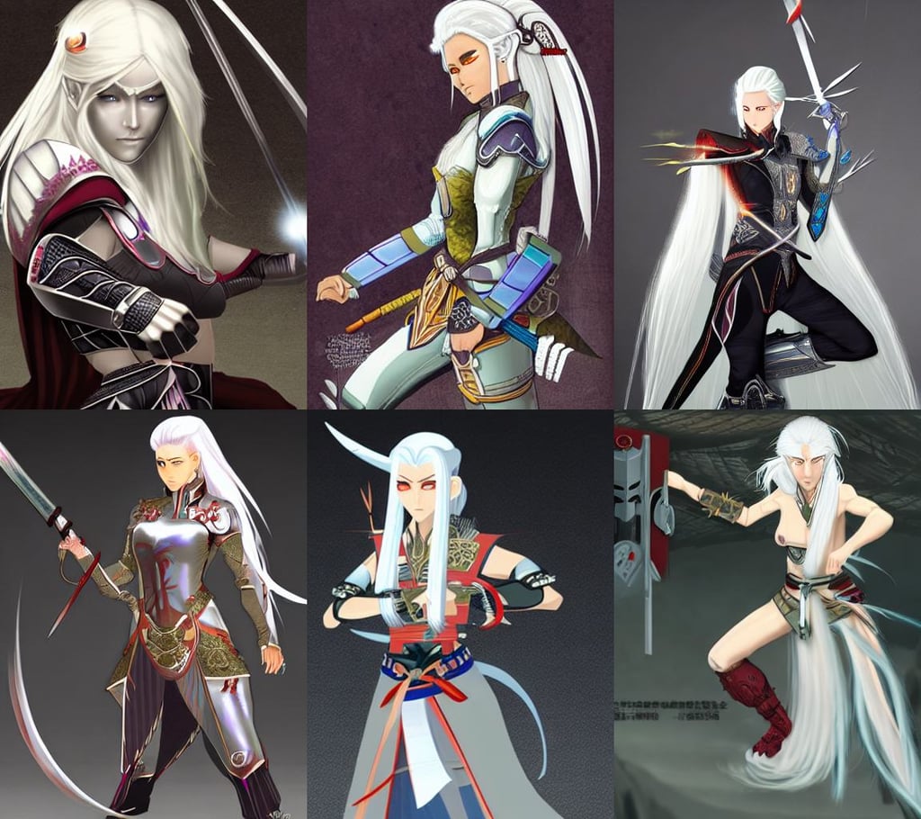 an elven samurai women with white hair, synthetic light, cyborg female servant shattered into pieces, sots art