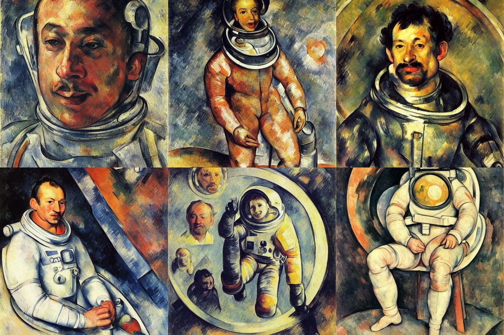 her name is Natari Hotoma, portrait of a an astronaut, smile, opalesence, art by Sir Peter Paul Rubens, full figure drawing, ultra-detailed, art by Paul Cézanne, art by Francis Bacon