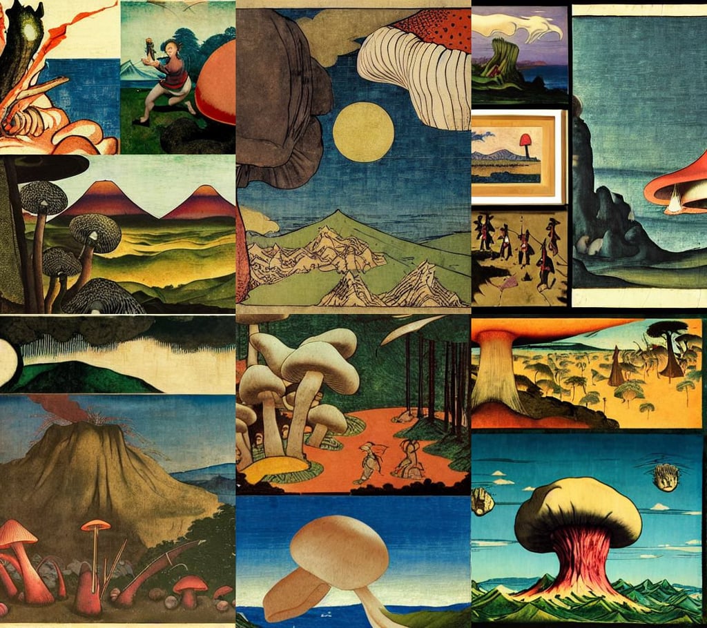 an adventuring party battles a ferocious monster, art by Andrea Mantegna, ukiyo-e, Art Deco, atomic bomb mushroom cloud by Miyazaki, forest, art by Johannes Vermeer, art by Jackson Pollock, art by Edward Hopper