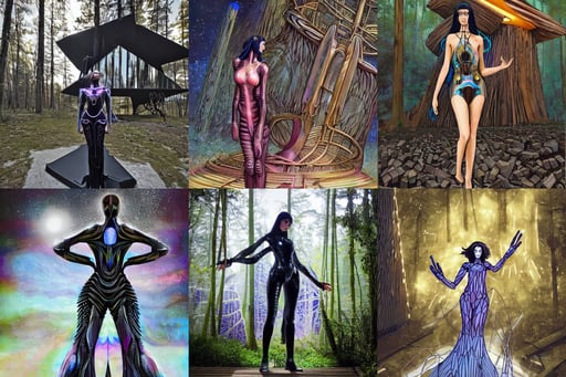 un dia de paz! tharja in futuristic dress by iris van herpen, in front of a glowing log cabin at night, white tank top, bismuth mechanical exoskeleton wearing hardsurface armour holding scifi weapons, art by roy l davies and tugboat printshop, carbon painting