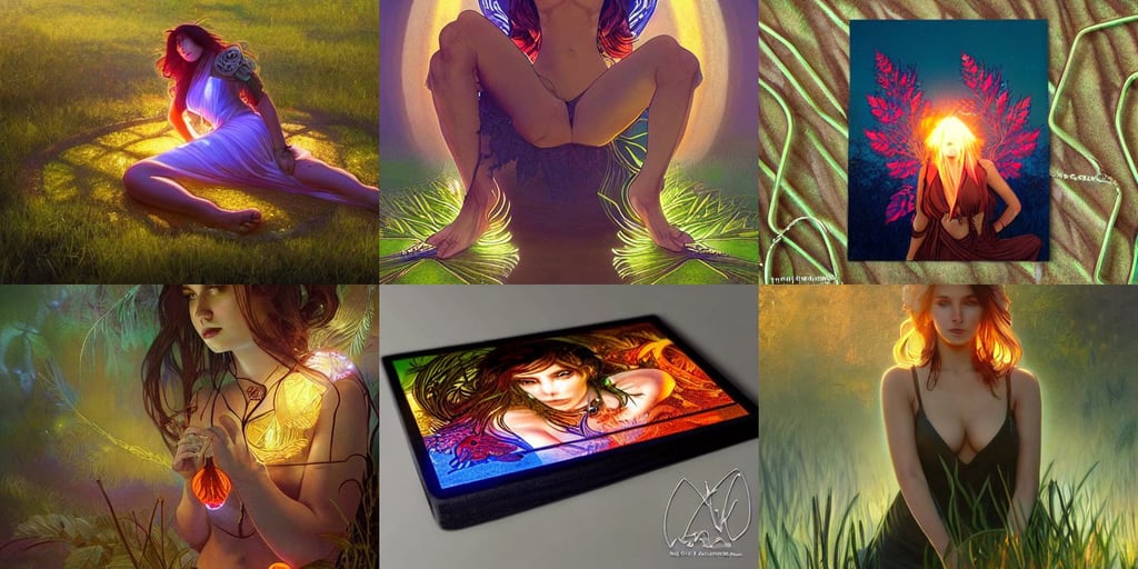 card template, glow coming from amber veins in the ground, colorful lighting, intricate futuristic led jewelry, laying down in the grass at sunset in a valley, art by wlop and artgerm and greg rutkowski and alphonse mucha, big leaves achromatic and stems, art by Ilja Repin