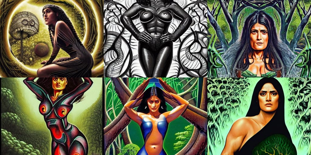 buff salma hayek in an evening gown, masterpiece by mc escher and hr giger, rainforest guardian, 14th century, trees, by atsushi takeuchi, hyper detailed ultra sharp trending on artstation, dunmer, under a multi-colored binary blackhole with an accretion disc, extremely detailed gorgeous face, wlop rossdraws Sakimimichan, fire embers, crown, gold and blue, marrakech streets