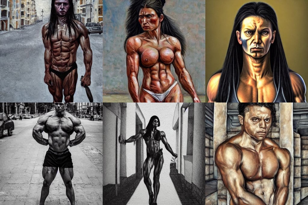 Full body portrait of an extremely muscular, Andrei Riabovitchev, irina french, highly detailed portrait of a beautiful black hair girl, empty streetscapes, flattering only this vile despair, mayan