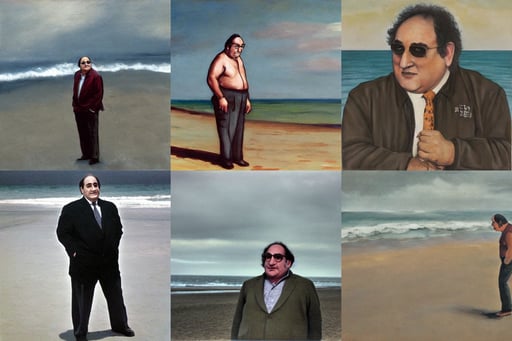 without cultural relevance, danny de vito standing in front of a beach, alterd carbon, muted colors cloudy weather