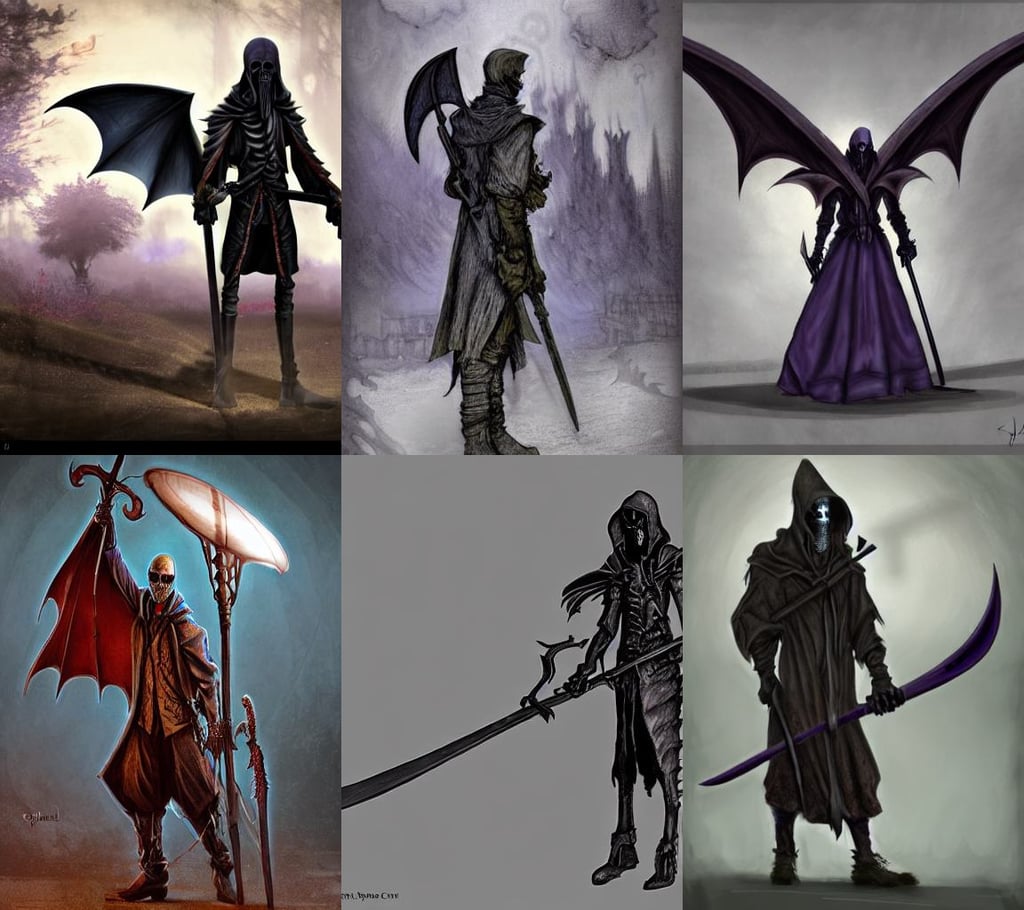 grim reaper with scythe on shoulder by anton pieck, hyperdetailed unreal engine, doric, purple eyes with red eye markets, red adornements, lithe, an alluring dragon hunter, by monet, very huge elaborate scythe, Steve Caldwell, zeplin, winter concept art, a male anthropomorphic nerdy blue dragon with electrcity magic