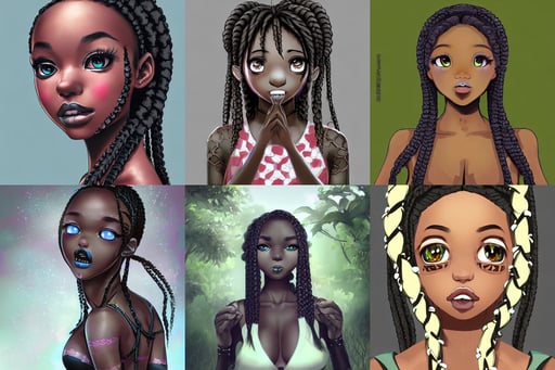 Higly detailed potrait of a Cute black anime girl with small waist and braids, hexagonal pattern on skin, attractive, long tongues and round teeth appearing from the vegetation, concept art. ”, visionary, in the style of Marcin Clicki, combat