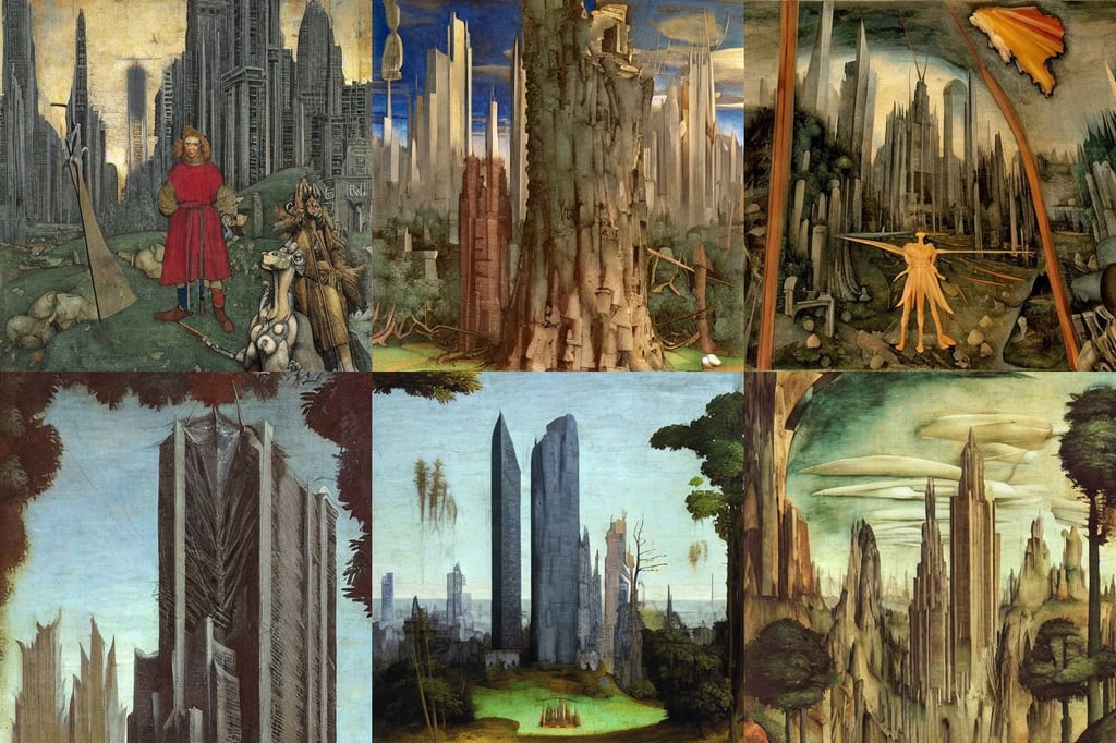 a dnd character concept art of a tall, skyscrapers in the distance, forest, art by Leonardo Da Vinci, Kodak portra, art by Giotto Di Bondone, art by Francis Bacon, art by Diego Velázquez, art by Michelangelo Merisi Da Caravaggio, art by Wassily Kandinsky - Photo, photography, daytime, by tsutomu nihei, roaring, high octane render;, art by Michelangelo Buonarroti