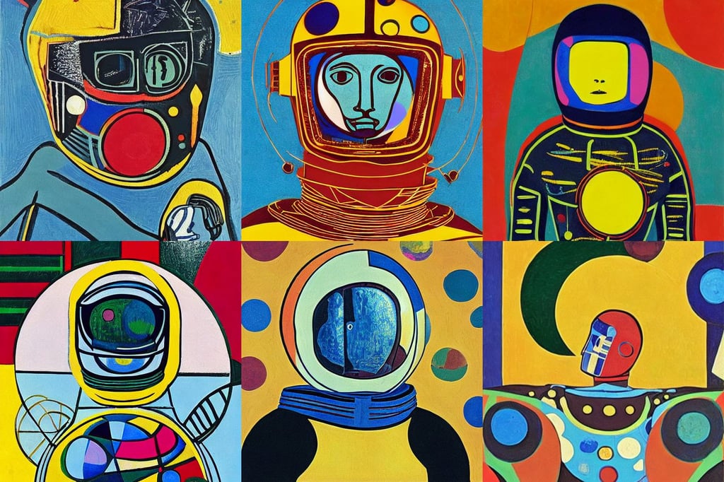 spacesuit with a spherical helmet, beautiful aesthetic, art by Pablo Picasso, art by Andy Warhol, vector illustration, art by Gustav Klimt, cute, Ultra HD, oil painting, he uses them to make modifications | in the style of Peter Mohr..., Art Deco, art by Paolo Uccello