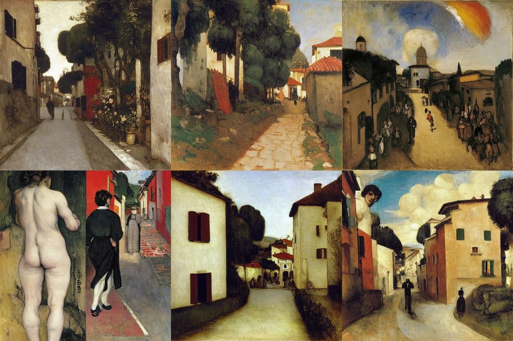 small side street in italy, full body, art by Gustave Courbet, art by Kazimir Malevich, art by Piet Mondrian, art by Eugène Delacroix, art by Joseph-mallord William Turner