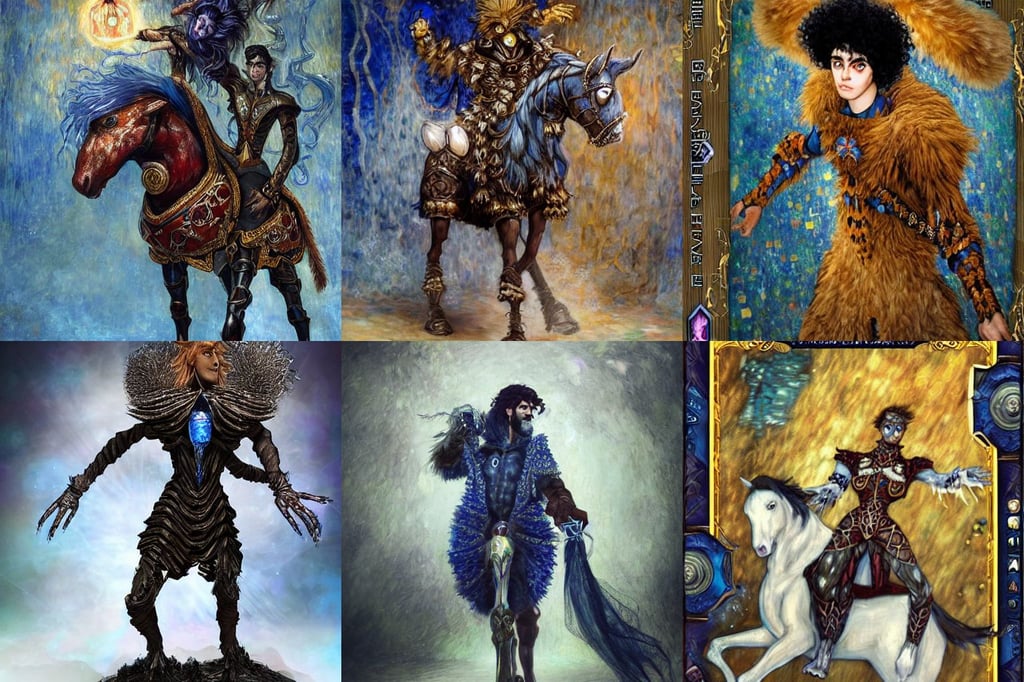 а fantasy  real spider inspired   blizzard games, ruffles, Crystal blue eyes arab man with black hair curly, short brown hair, by klimt, anthropomorphic horse wearing a coat and standing on two legs like human, posing for a fight intricate, doubt