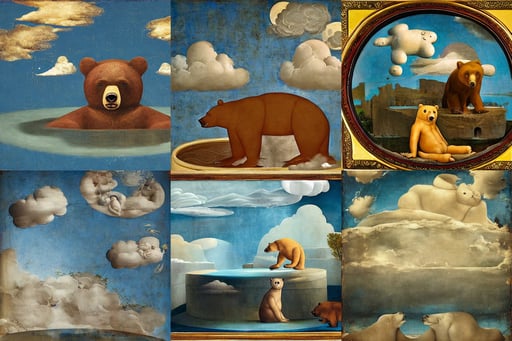 liminal space photo with pools of smooth water, A Bear Called Paddington, dramatic clouds, art by Giotto Di Bondone