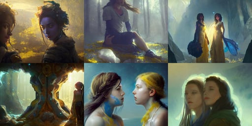 two beautiful lesbian girls in love, billelis, calm scene, and large obsidian crystals, portrait by greg rutkowski, bokeh effect, colored paint, camera pulled back far, blue and yellow glow, a matte painting by kume keiichiro