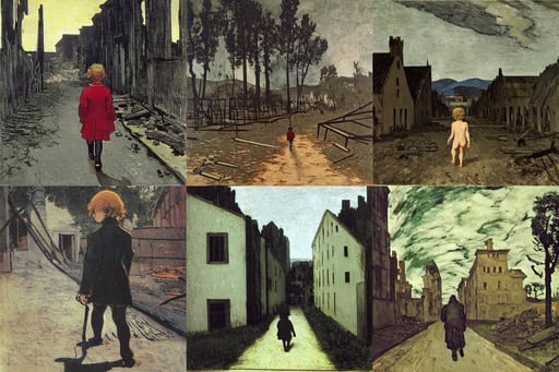 child walking through burned down village, art by Andy Warhol, art by Caspar David Friedrich, dramatic lighting, art by Gustave Courbet, art by Vincent Van Gogh, art by Andrea Mantegna, art by Gerhard Richter, sweet, art by Winslow Homer, art by Leonardo Da Vinci, umbilical cord, art by Henri Matisse, beautiful aesthetic, art by Domenikos Theotokopoulos, art by Domenikos Theotokopoulos, Narrow steep staircase