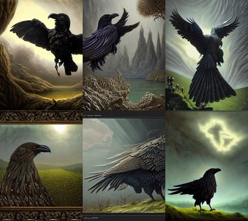 Intricate stunning highly detailed raven by agostino arrivabene and Seb McKinnon, voronoi fracture a highly detailed epic cinematic concept art CG render. made in Maya, sat by a lake, lofty flight, greg rutkowsk, rolling hillocks of lush green grass, brutal battle, Sharandula, neon, aged 4 0, giggling, beautiful colors, middle part haircut, colorful neon signs