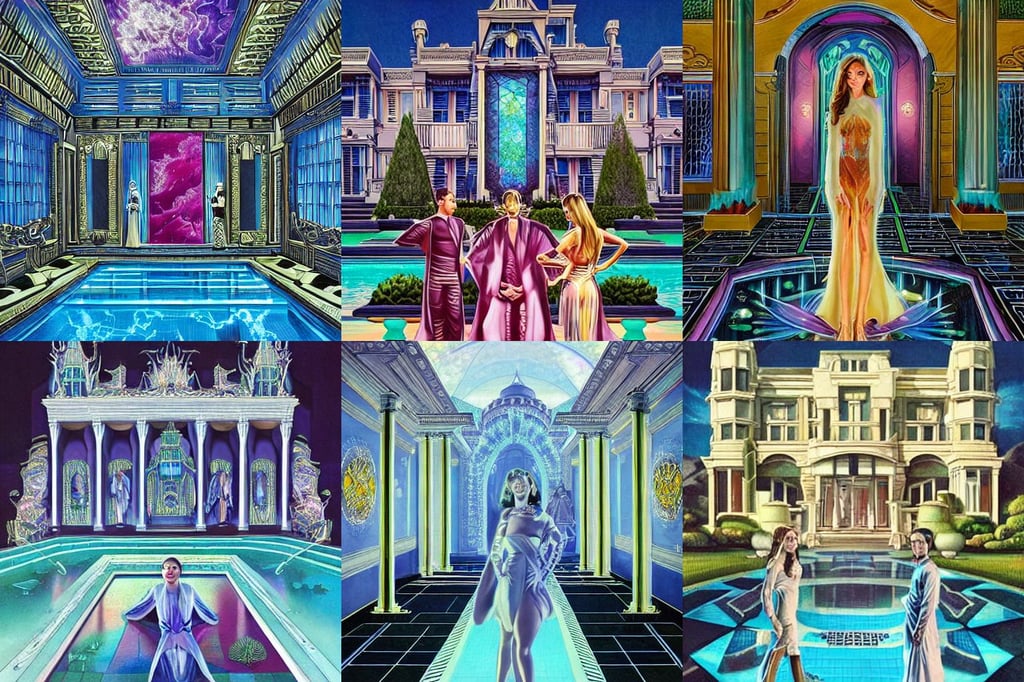 symmetry! portrait of the league of paul hollywoods, artstaion, street view, mansion interior in the background, refractive crystals, very very elegant, on a pool, artwork by chesley bonestell and artgerm, flowing robe, storybook design, fun place intricate, erin, black mist, marina sirtis, styl of artgerm and alena aenami, torso portrait, up close shot, professional illustration by basil gogos, direct lighting, oil painting!!!, cyborg fat old black man with visor golden and golden chains