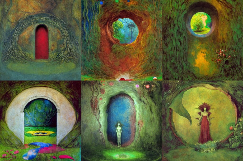 a faerie portal to another world, centered-shot, by beksinski, Art Deco, art by Michelangelo Buonarroti, art by Joan Miró, art by Francisco De Goya, Variated Greenery, real life, art by Claude Monet, High detail + Sony Alpha α7