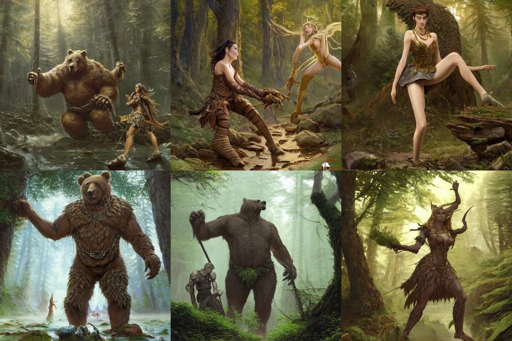 highly detailed concept art of colossal bear fighting goblins in a middle - earth forest, serov, divine goddess, realistic proportions, gold chains and sneakers, keyframe illustration, gap moe kuudere noble grimdark fantasy dictator, gorgeous face portrait, nubian prima ballerina, greg rutkowski and thomas kinkade, zbrush hard surface