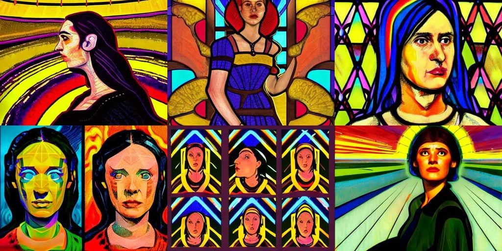 portrait of a woman wearing a dress of stained glass, in the style of edvard munch, tiny rainbow stripes, studio lighting bright ambient lighting key light, Aztec fantasy, several different symmetrical 3 d rendered isometric wood game pieces, sci-fi fantasy illustration, dappled golden sunset, the rocketeer ) ) ) ) ) by vincent di fate and john berkey and star wars and the rocketeer!!!!!!!, lisa frank, turban of vibrant flowers, skeleton inspired by ross tran and wlop and masamune shirow, ray - tracing, smiling mouth, pencil miniskirt, you can see through the window that it rains money bills, long white hair