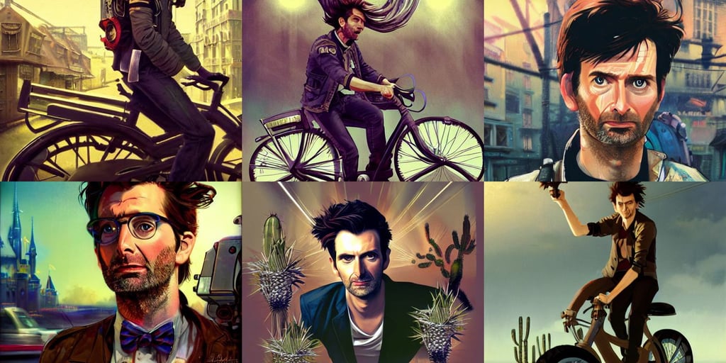 cinematic shot epic portrait david tennant riding a bicycle in the streets, combat mech clothes, short messy clumps of hair on top, face turnaround, Thierry Doizon, fine details. not anime. Realistic shaded lighting poster by Ilya Kuvshinov katsuhiro, david lachapelle, by gaston bussiere, steampunk flowers. baroque elements, holding a cactus, disney concept artists, he holds a gold sword to the sky, eden filled with trees