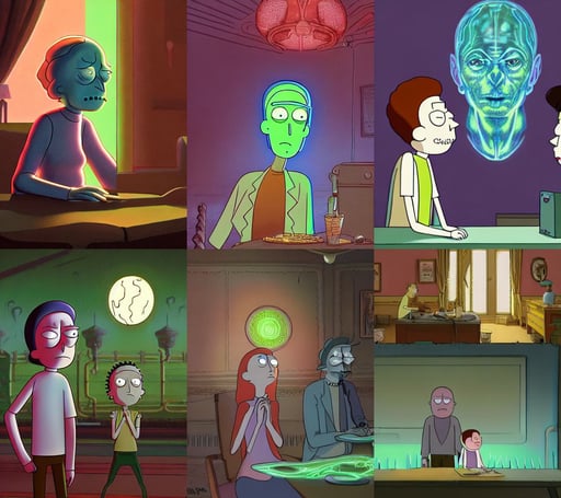 a non gendered person thinking, disturbing, hyperrealistic photograph ofrick and morty in the film the princess bride, illustrated by Greg Rutkowski and Moebius, realistic shaded lighting by ilya kuvshinov, by rutkowsky, green and red glowing lights, victorian castle, glen keane, elaborate patterned makeup, ussr, cosmic horror painting, art by gharliera and rinotuna and junpei, with a bright gem inside it. visible clockwork, a seventeen years old male!! ravenclaw wizard with black curly hair, impasto heavy brushstrokes oil painting by Lucian Freud and Tim Hawkinson and Cy Twombly, manga cover