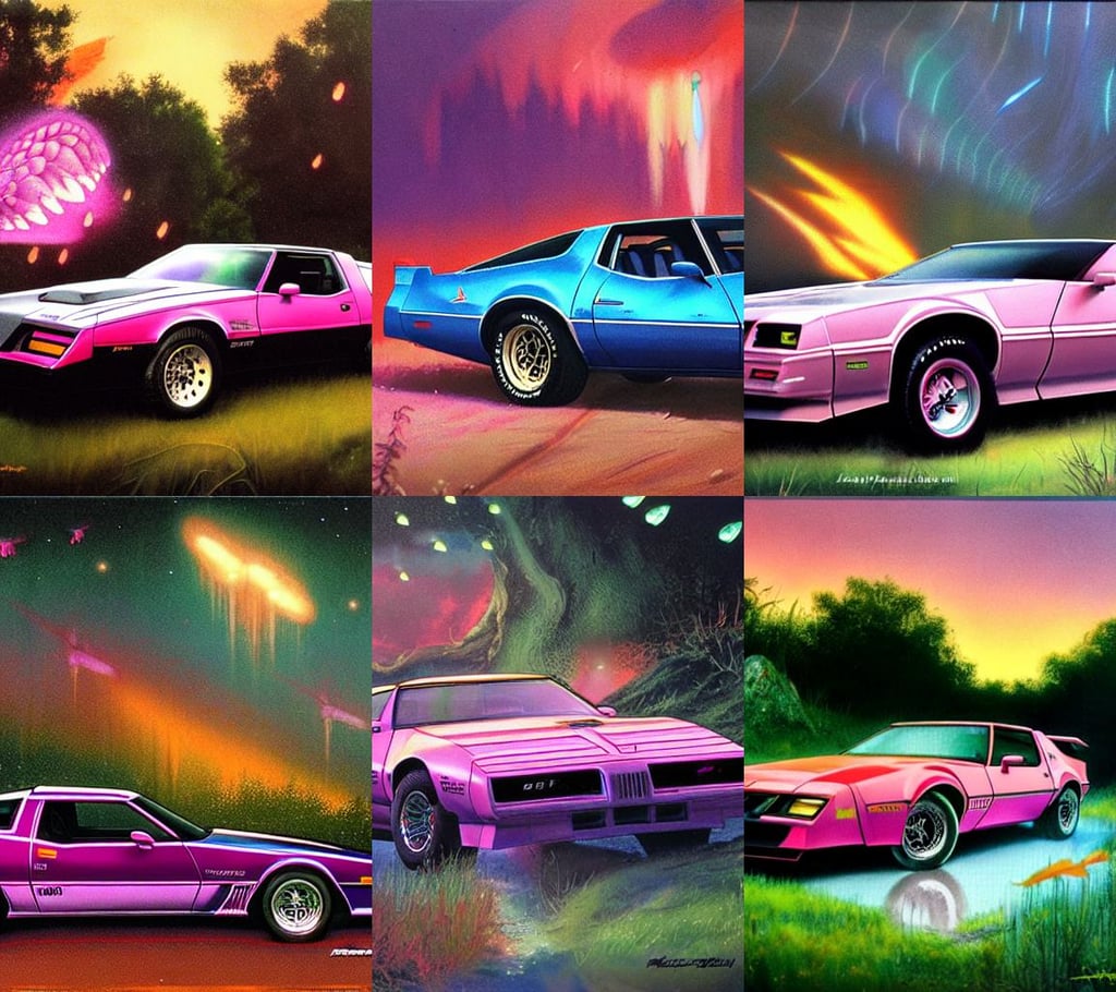 ( ( ( ( ( 1 9 8 2 pontiac trans am, Peter Andrew Jones, Thierry Doizon, roman historic works in brand new condition, scattered glowing pink fireflies, cosmos, bioluminiscence