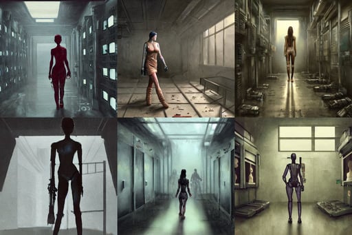 gloomy ruined server room in datacenter painting concept art of half - body robot, photo realism, Halter-top, blade runner 2 0 4 9, female warrior, Very Real, boho chic, model photography by Steve McCurry in the style of Annie Leibovitz, castle setting, concept art by Ken Sugimori