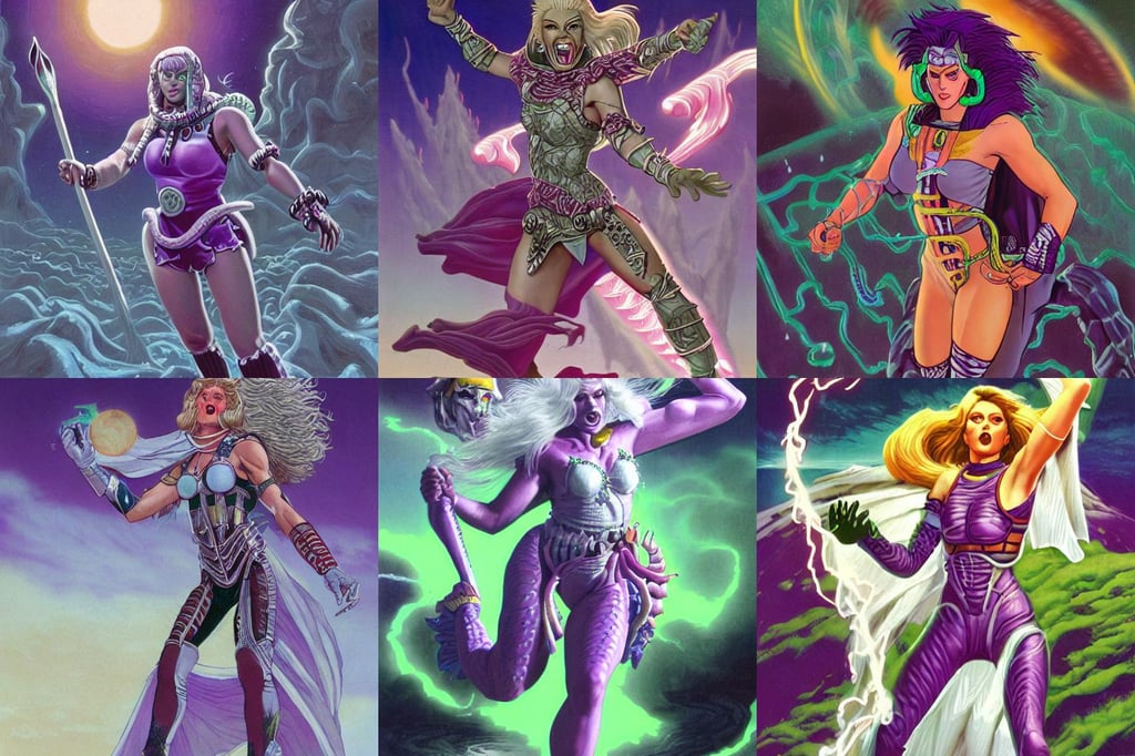 single diseased female on an alien world, jjba, barbarian with white and gray skin, full body white purple cloak, press x to jump and y to run, intricate filagree, mouth and sharp teeth swimming around, retro futurism by tim hildebrandt, flowing neon-colored silk