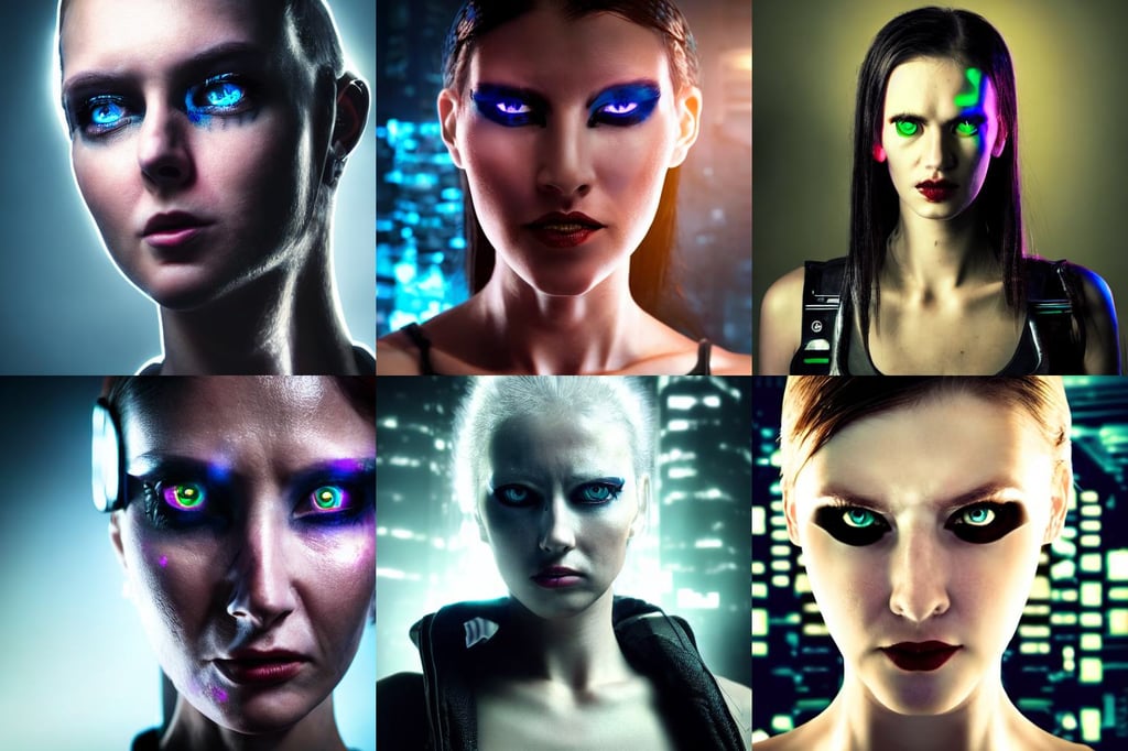 a expressive portrait photograph of cyberpunk woman with cybernetic eyes in dramatic lighting