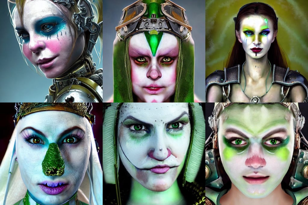 epic medieval futuristic close-up macro portrait of the face of a beautiful princess, minimalistic line art, costume design made by complexity, fantasy painting, accurate facial details, white green brown blue color palette, pulp character portrait, Warhammer 40k, high resolution, !natural beauty!, soft lustrous biotech raver white clowncore slime cyborg, elaborate jewelry, art by ilja repin and greg rutkowski, christopher shy, harsh dramatic lighting, an anime drawing by Jin Homura, iridescent venetian blown glass