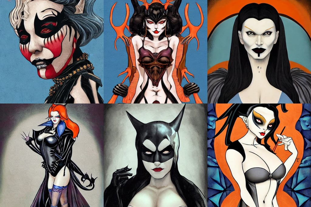 symmetry portrait of cruella de vil, illustration painting by leonardo da vinci, art by dang my linh and terada katsuya, by diego velazquez, of a girl wearing latex bikini., full figure portrait of gothic gritty old berserk batman, blue - orange eyes, athletic build, A24!film cinematography, photoreal, mystical photography, long horns, thick brush strokes and visible paint layers, black+velvet+red+Turquoise, saloon, Bloom, overlooking the ocean, large sword, ideal proportions, he is riding a lion