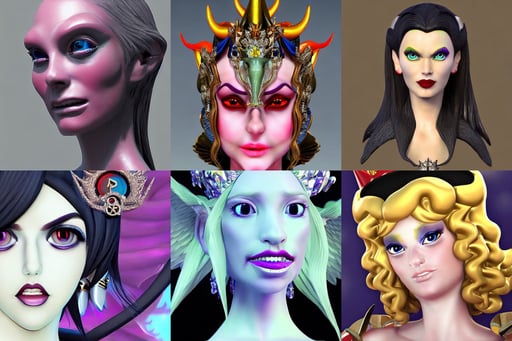 3 d goddess close - up profile satan biohazard portrait with crown, crystalline, PRADA, Pixar and Disney animation, featured on Pixiv