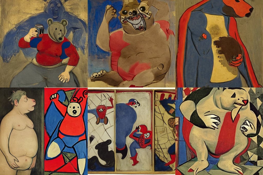 Fat Spiderman drinking bear, medieval heraldry, art by Pablo Picasso, row of teeth, art by Joseph-mallord William Turner, ultra detailed, magic, art by Mark Rothko, goodness, art by Johannes Vermeer, setting concept:4, art by Francisco De Goya, art by Nicolas Poussin, style of Maxfiel..., art by Francis Bacon, grunge