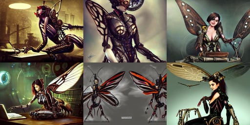 steampunk cybernetic biomechanical cecropia moth with wings, warframe concept art, dark - colored hair, Maya Ali sorceress, Lucy Hale, flak, sitting at desk at keyboard, greenery