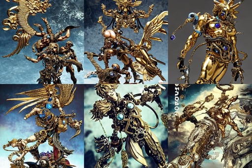 the fall of icarus, underwater, gold and steel intricate, adorned with precious stone jewelry, ornate. In style of Yoji Shinkawa and Hyung-tae Kim, fantasycore