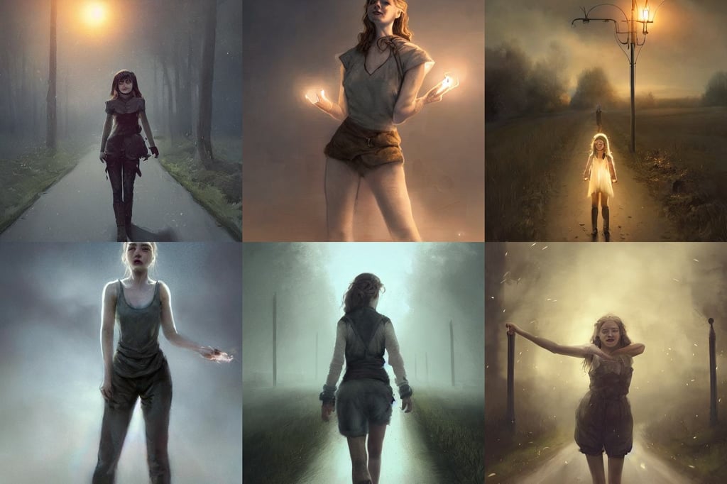 one single highway in the middle lit by gas lamps in a countryside, from Game of Thrones by Ruan Jia and Mandy Jurgens and Artgerm and William-Adolphe Bouguerea, small buildings, fantasy portrait of happy girl, beautiful alluring women, light bursting from mouth, artstation trends, concept art. ”, wearing a tank top and shorts, render by octane and unreal engine 5, perfect readability, girl with blond long hair back view, dry desert, art by met mangindaan, wearing 1 8 5 0 s clothes, artorias, art by artgerm and greg rutkowski and edgar maxence, super wide shot, hollow knight, sharp focus in the style of ruan jia