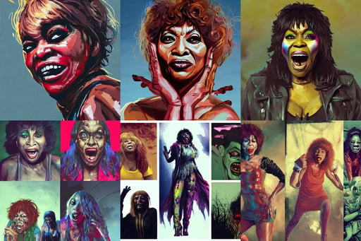 tina turner as a zombie, painted by Simon Stalenhag, digital art by Ruan Jia and Mandy Jurgens and Artgerm, supervillain sorceress witch, dinah drake smirking, by denis villeneuve, by mo xiang tong xiu