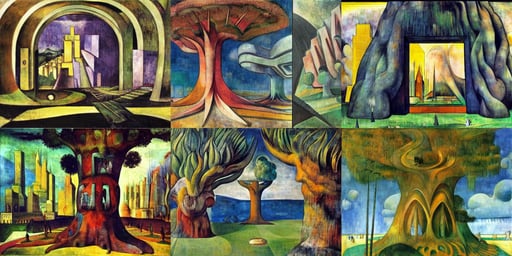 city inside a giant majestic tree, n..., art deco, high octane render;, art by Francis Bacon, art by Andrea Mantegna, art by Paul Gauguin