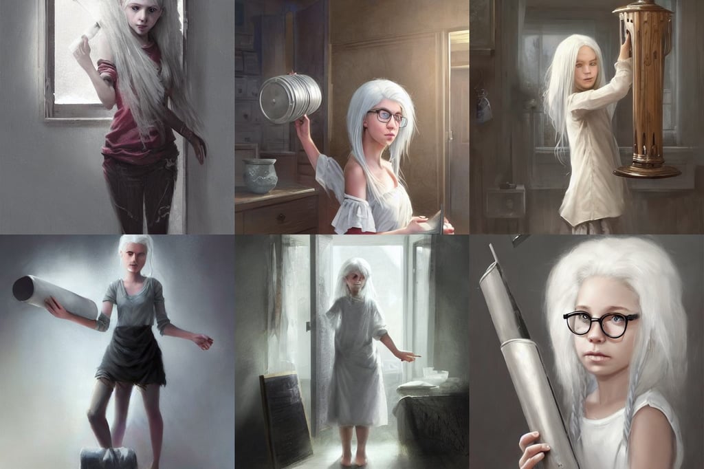 a young girl white hair in front of a fan of her bedroom, holding a large futurstic sythe | | epic - fine - clean, staff can be seen carrying black duffel bags, with unkempt hair and dirty glasses. By Greg Rutkowski, beautiful detailed eyes with a piercing gaze, Trending on artstation and pixiv concept art and sheet, subtle colors, portrait by Greg Hildebrandt, stairs, nun veil cover with horns on top, post processed, 3056491884, modern city outside of big windows, reflective puffy coat, human legs