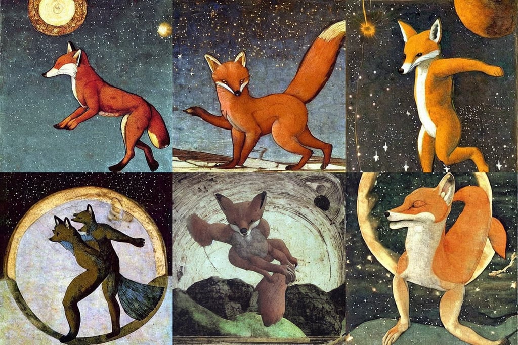 a fox went out on a chilly night, head-to-toe, beautiful aesthetic, a haunting scene, cute, art by Michelangelo Buonarroti, mid air jump footwork, binary code, frazetta, movie scene, art by Leonardo Da Vinci, galaxies exploding, art by Piero Della Francesca, venice style