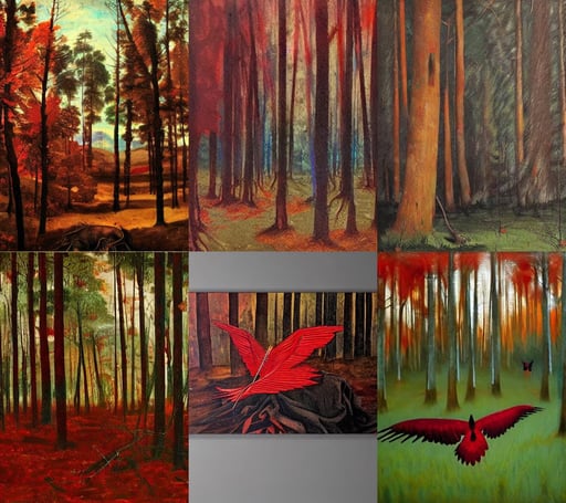 Setting is an empty midnight forest clearing, realism, red, art by Diego Velázquez, micro details, art by Diego Velázquez, spreading wings